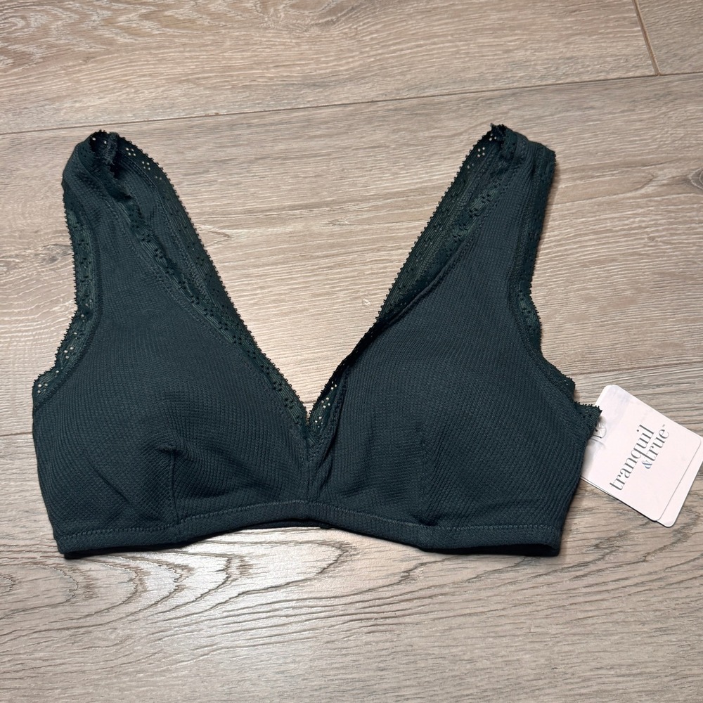 NWT Tranquil & True Womens Dark Green Ribbed Lace Trim Plunge Bralette Small‎ S